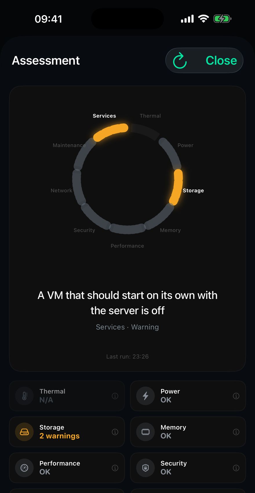 The Chillbox assessment ring with Services and Storage in amber, headlined: a VM that should start on its own with the server is off