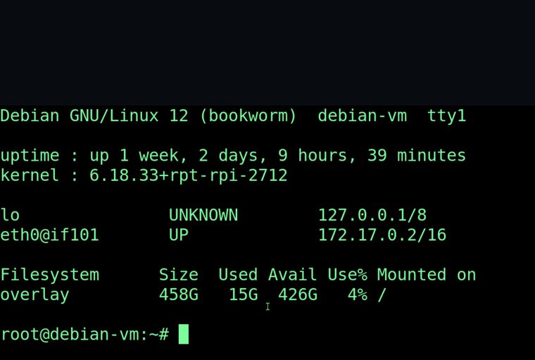 The Chillbox VM console showing a Linux boot log rendered inside the app