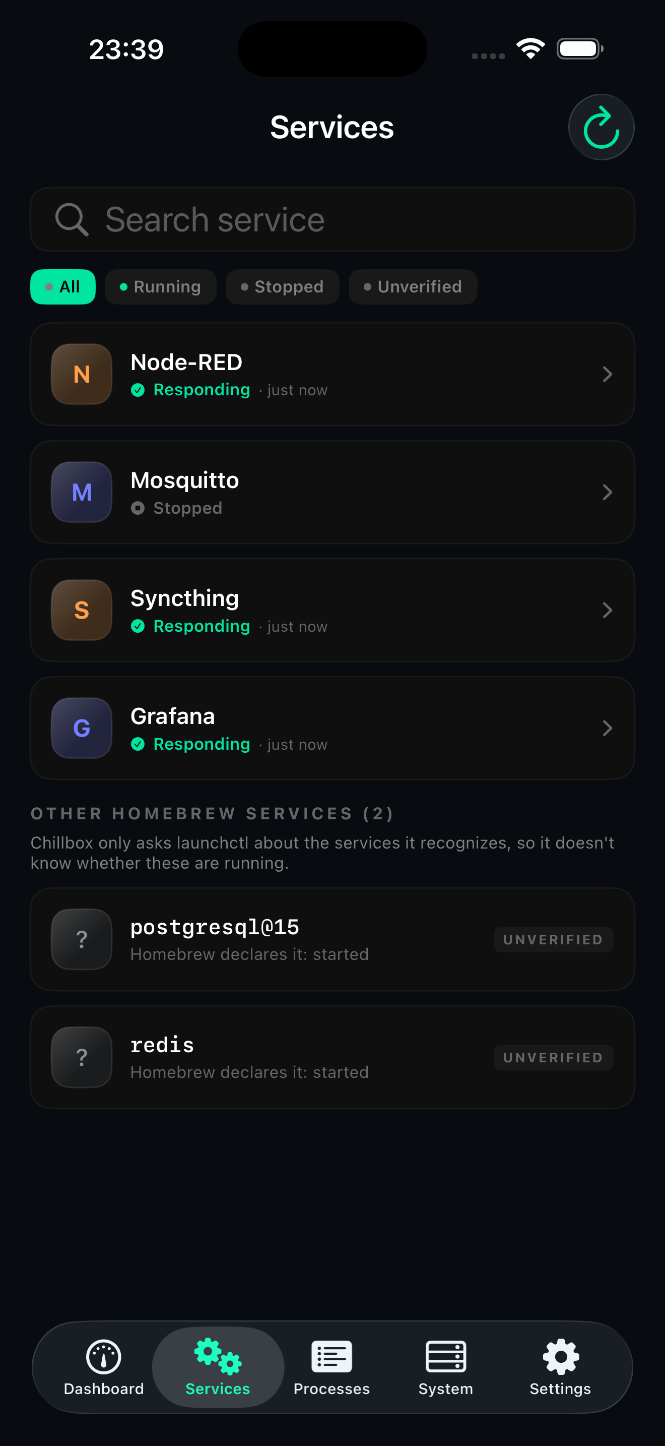 Homebrew services on a Mac, with the ones it could not verify saying so