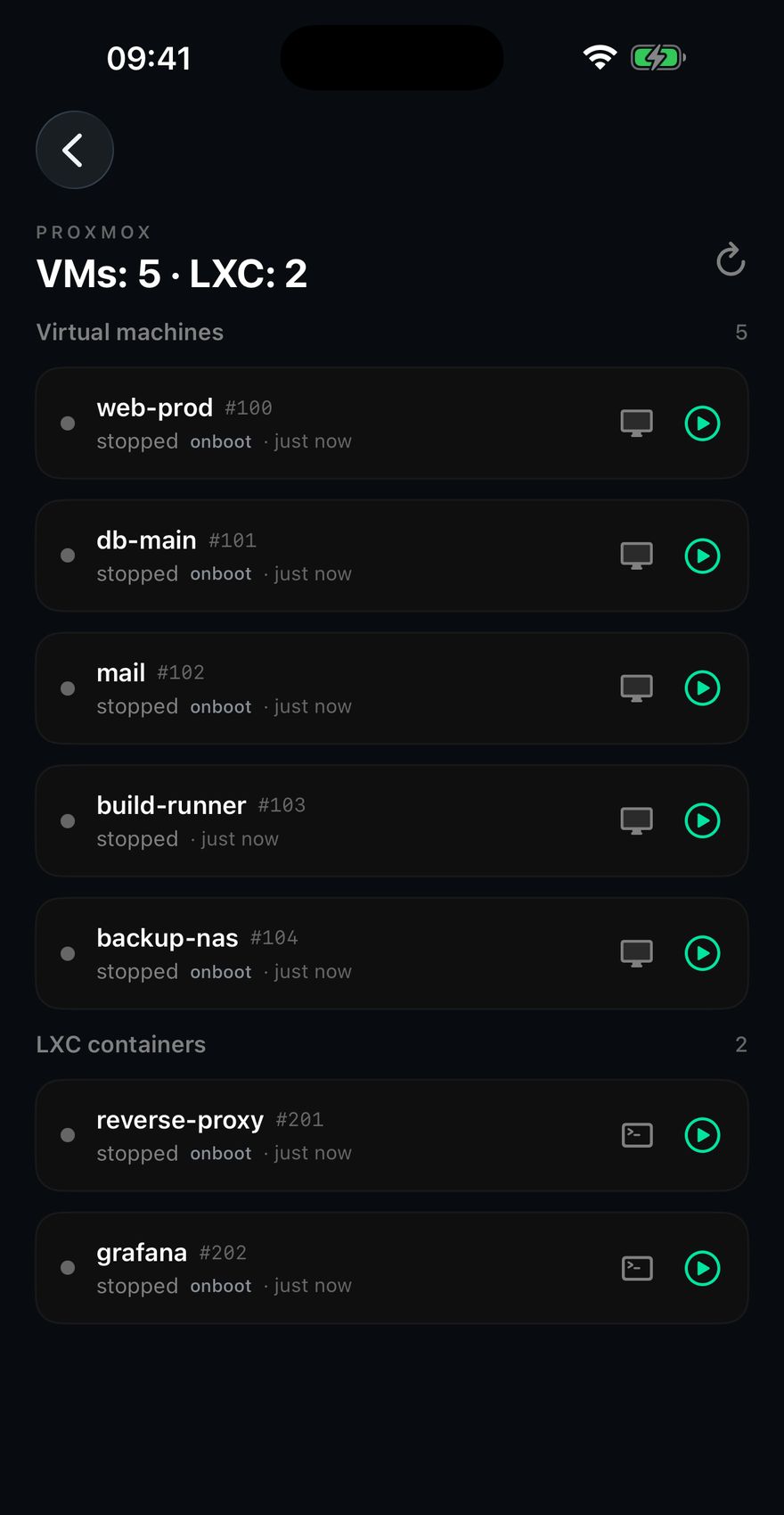 Chillbox listing five Proxmox virtual machines and two LXC containers, each showing stopped and tagged onboot