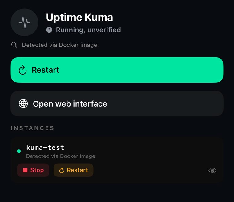 Chillbox showing Uptime Kuma detected via Docker image, marked running but unverified, with restart and open-web-interface buttons and one instance listed