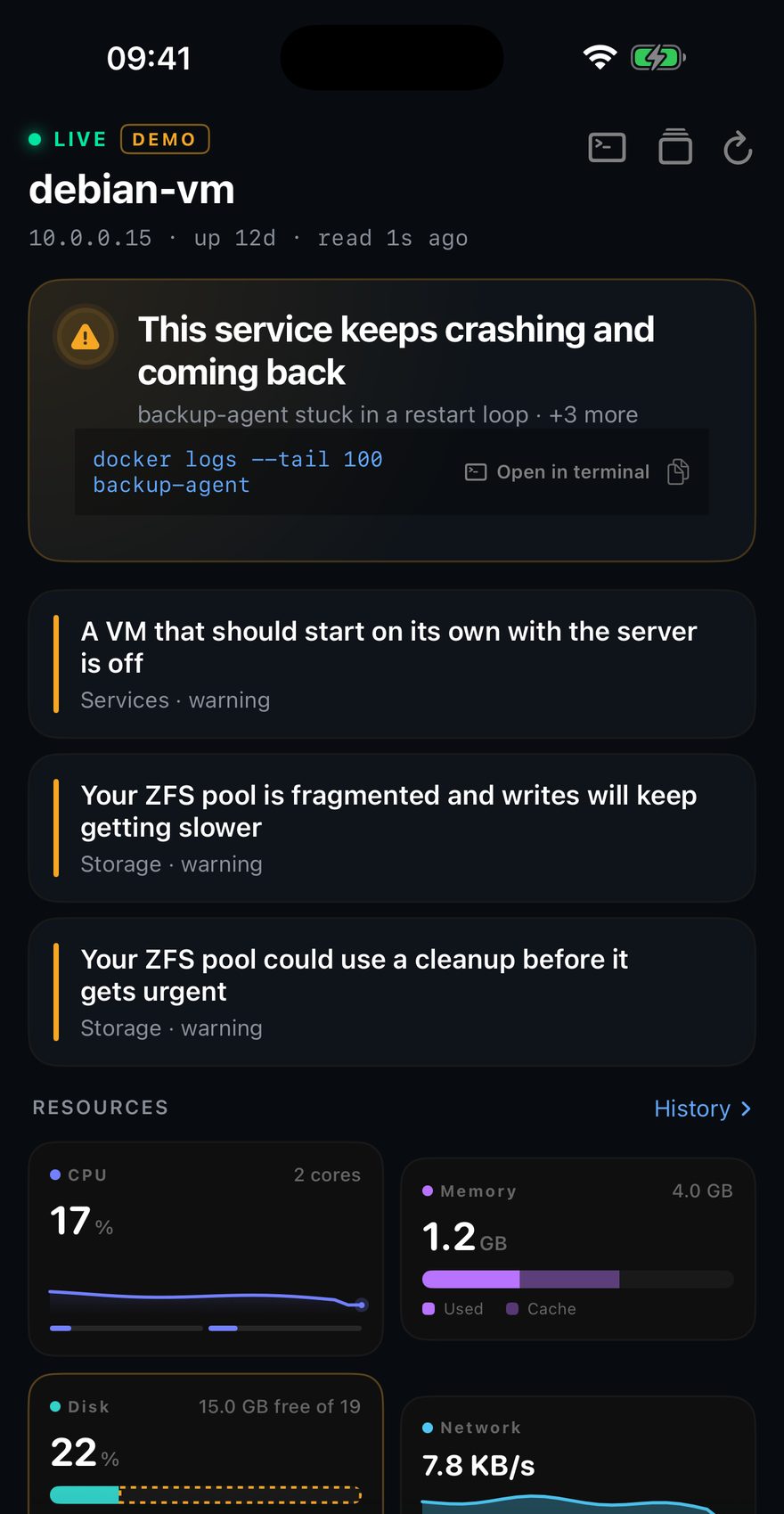 The Chillbox dashboard listing two ZFS pool warnings by name alongside a stopped VM finding