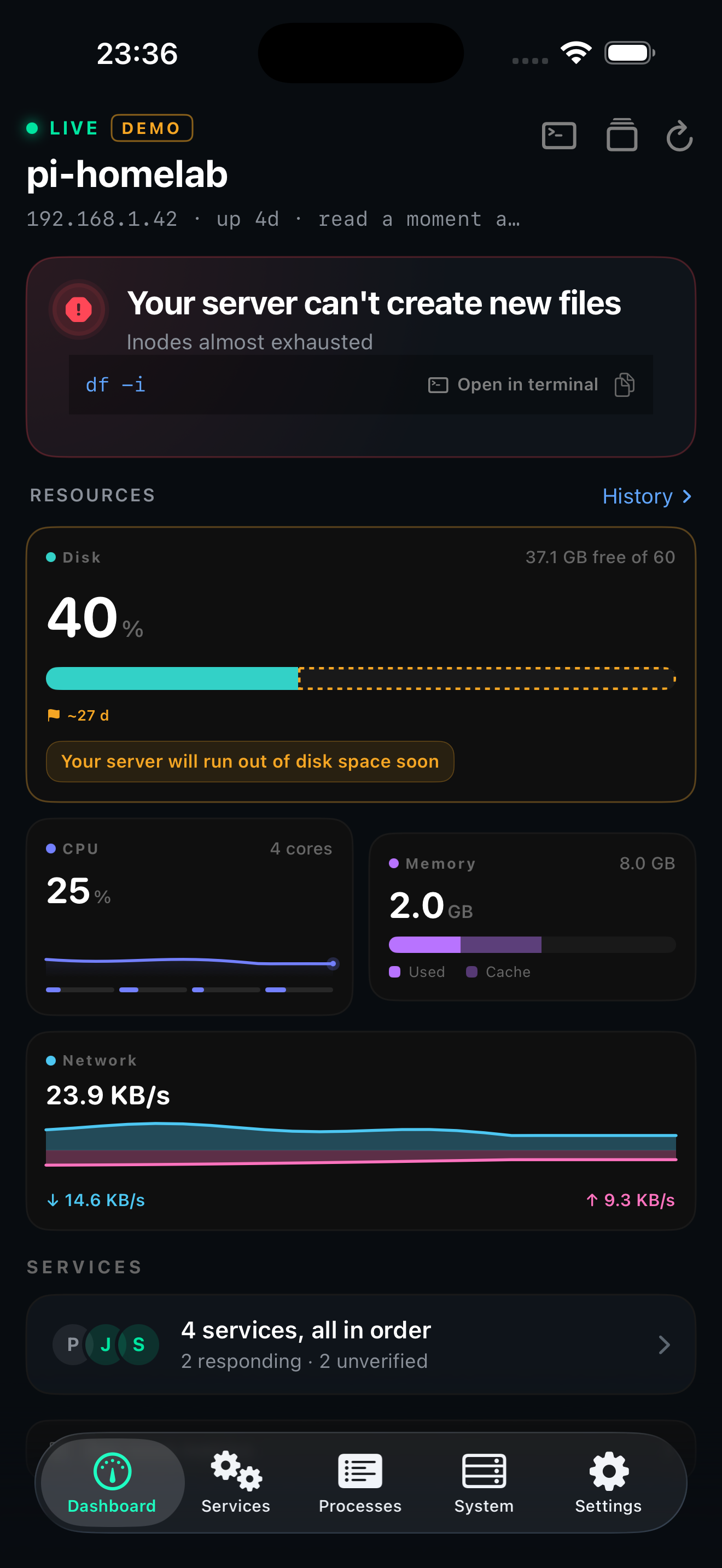 The dashboard saying what is wrong in a sentence, with the service cards under it