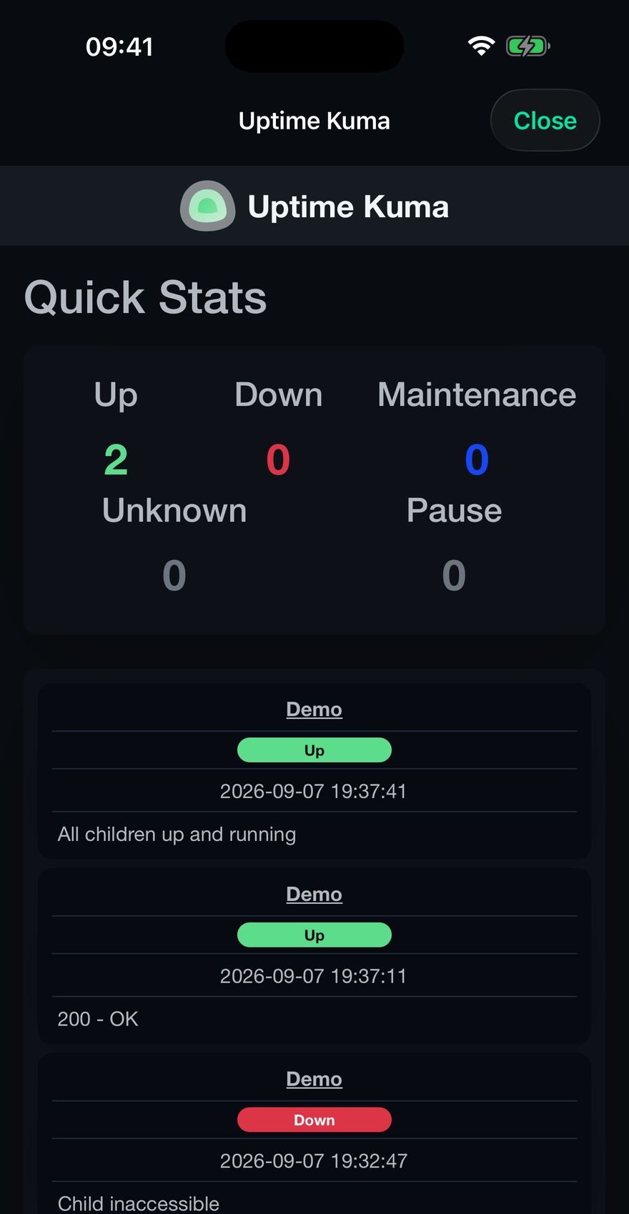 Uptime Kuma's own Quick Stats dashboard rendered inside Chillbox, listing monitors as up and down